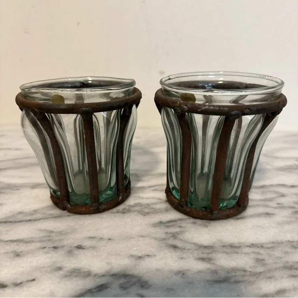 Rustic caged bubble Glass votive Candle Holders vintage brutalist